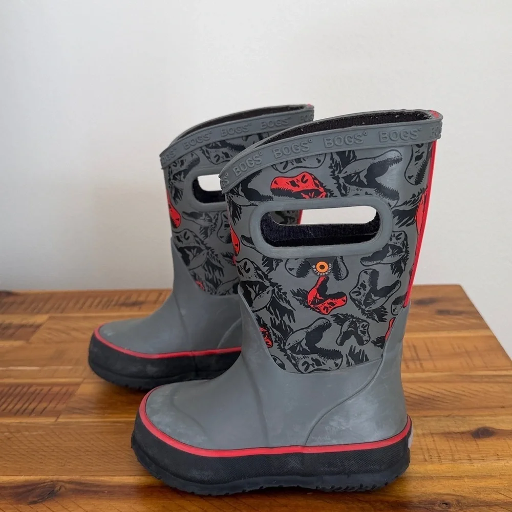 BOGS Kids Gray and Red Dinosaur Rain Boots